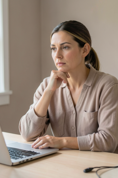 Professionnelle réfléchissant à une prise en charge en naturopathie féminine fonctionnelle